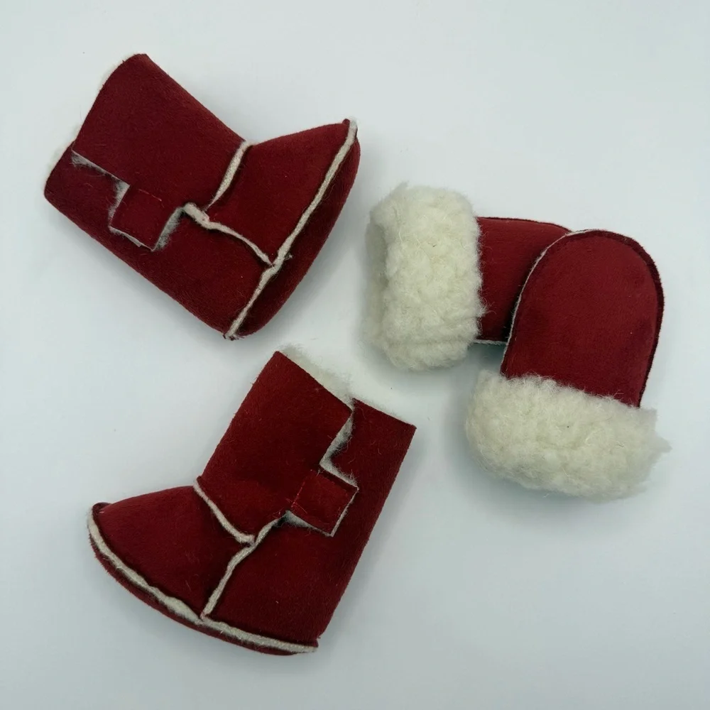 Newborn Girl's Infant Scandinavian Red Lamb Wool Leather Fuzzy Boots & Gloves NB